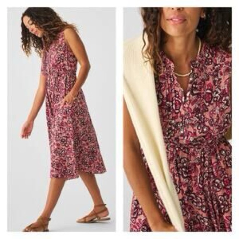 Faherty Isha Linen Blend Pink Rose Desert Bloom Midi Dress Women’s M Spring